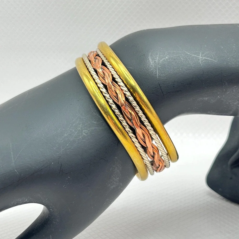 Vintage Copper Tri-Tone Braided Rope Cuff Bracelet w/ Gold and Silver Tone
